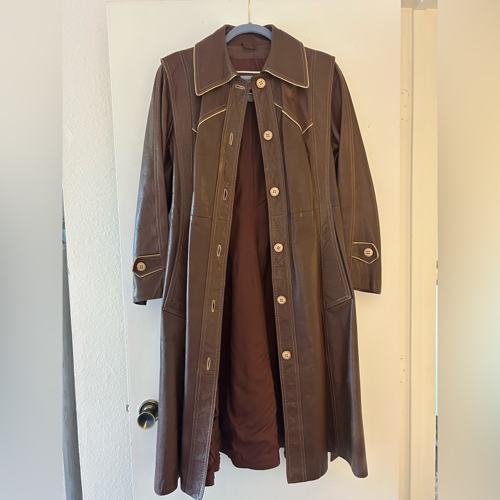 Urban Heritage Brown Leather Long Trench Coat with Contrast Stitching